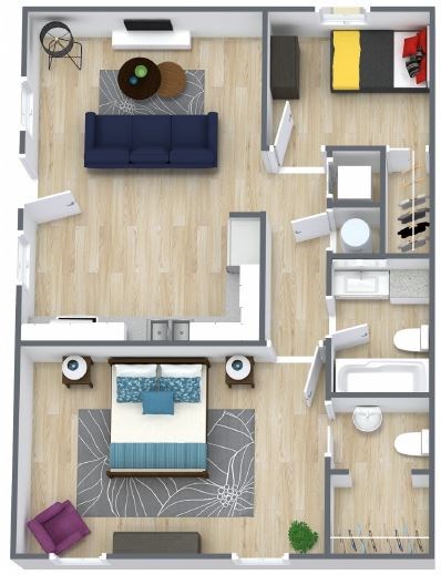 A top-down view of a living room with a couch, coffee table, and a rug.